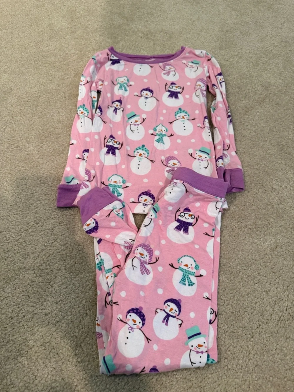 Little Sleepies Pink Snowman Pajama Set with Purple Trim